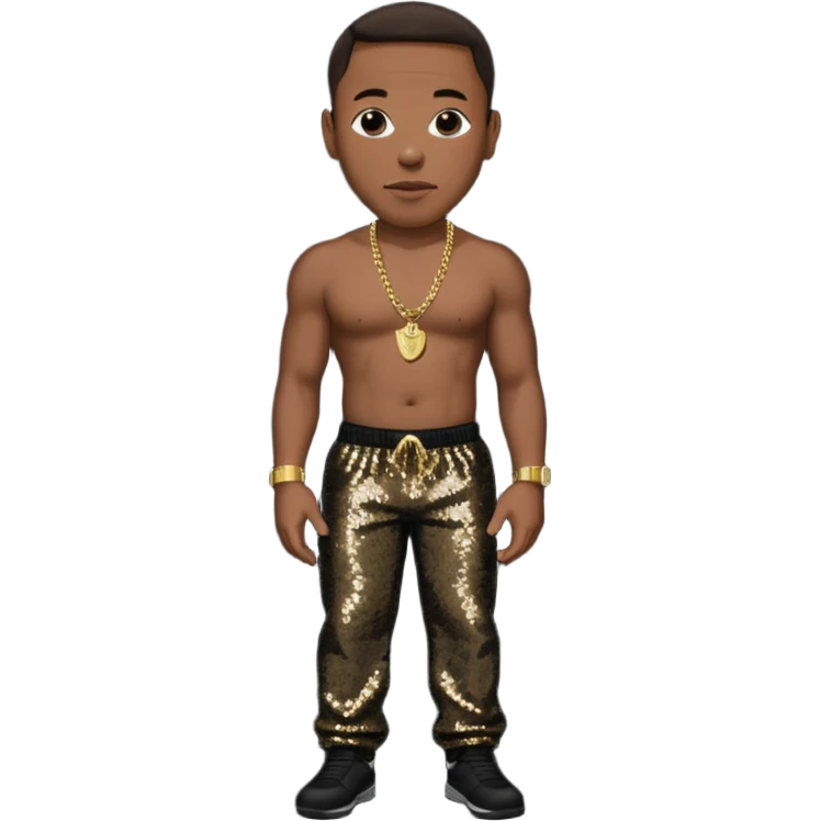 Dr Dre with dark brown hair, black sequin baggy pants, shirtless with necklace emoji