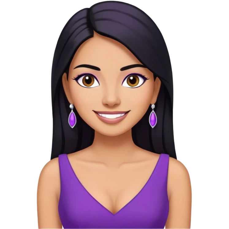 beautiful woman boss, with long straight black hair, with make up, black eye liner, smile, mexican, brown skin, wearing purple dress white earings, she stand up,  emoji