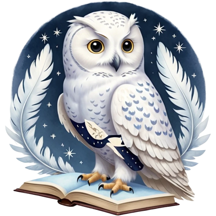 A hand-drawn fantasy illustration of Hedwig, Harry Potter’s snowy owl, with soft watercolor style, gentle pastel tones, magical sparkles in the air, cozy wizarding atmosphere, storybook illustration, high detail, whimsical and warm mood. ohne backgraund emoji