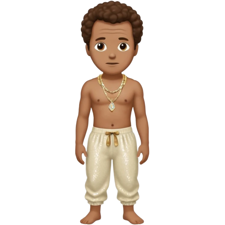Sergei Eisenstein with brown hair, cream sequin baggy pants, shirtless with necklace emoji