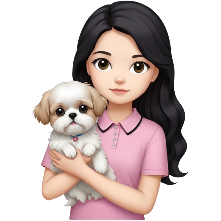 a girl with black eyes and long black wavy hair in a half-up half-down hairstyle, wearing a soft pink short-sleeved round collared tshirt while holding an all-white shih tzu dog emoji