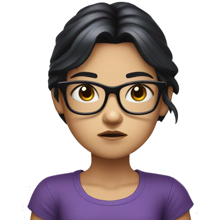 Angry scowling white little girl, purple shirt, long black hair, wearing glasses, with arms crossed over chest. emoji