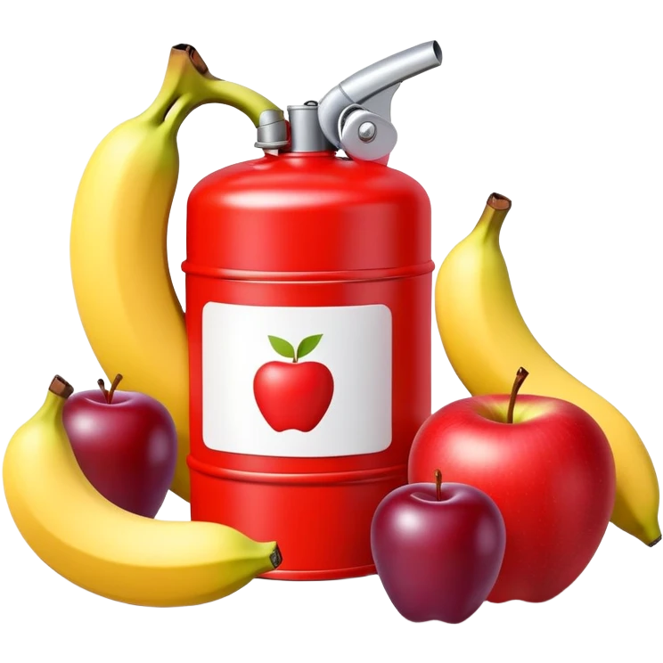 bright red gasoline canister surrounded by a banana, an apple, and grapes, red fuel can with fruits arranged around it emoji
