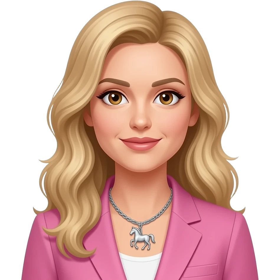 female, blonde hair, very long wavy hair, hazel eyes, mid 30's, silver large horse necklace, hair swept off forehead on left side, pink accountant emoji