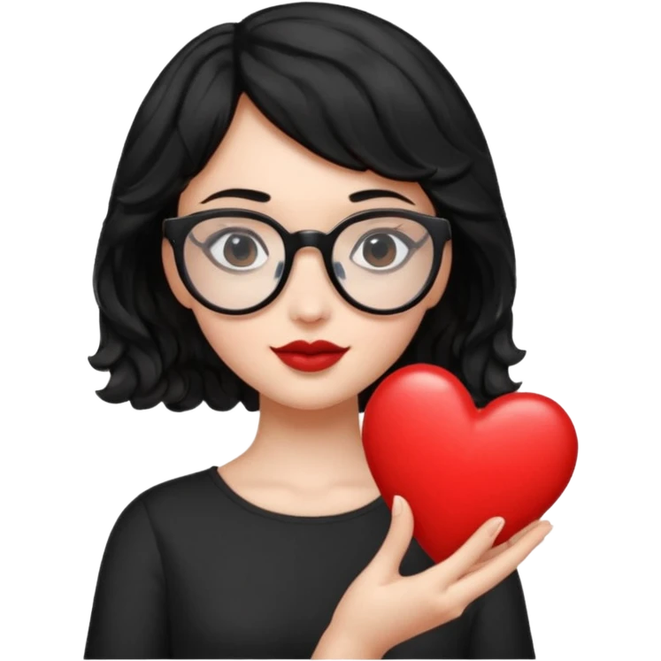 niña con pelo corto ondulado color negro con lentes negros y tenga un corazon en la mano emoji