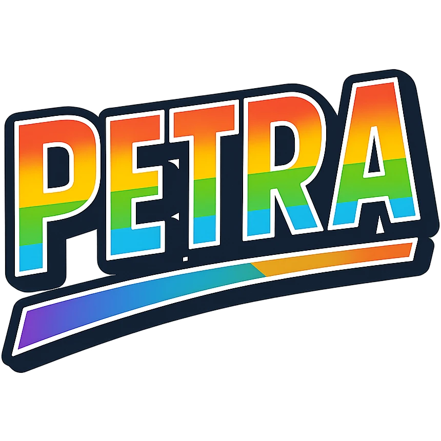 The name 'Petra' in modern, precise Hungarian letters with a rainbow gradient fill, extra thick white letter border, dark contour, transparent background, dynamic slanted underline, in the style of the reference samples. emoji