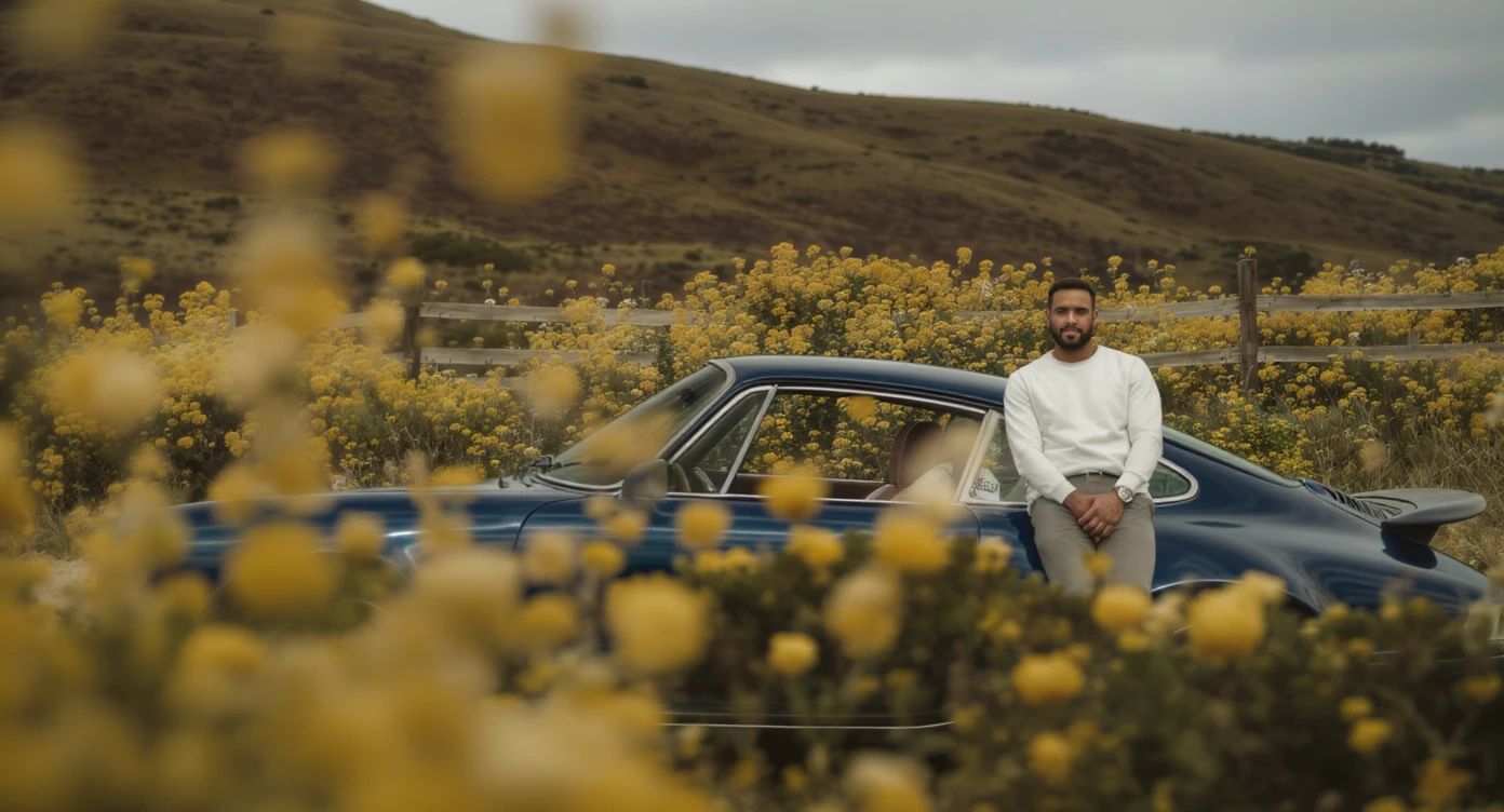 A portrait of a white person next to porsche 911 in the foreground, blurred plants in the foreground, a wooden fence and colorfull flowers in the midground, rolling hills in the background, cinematic depth of field, layered composition, natural lighting emoji