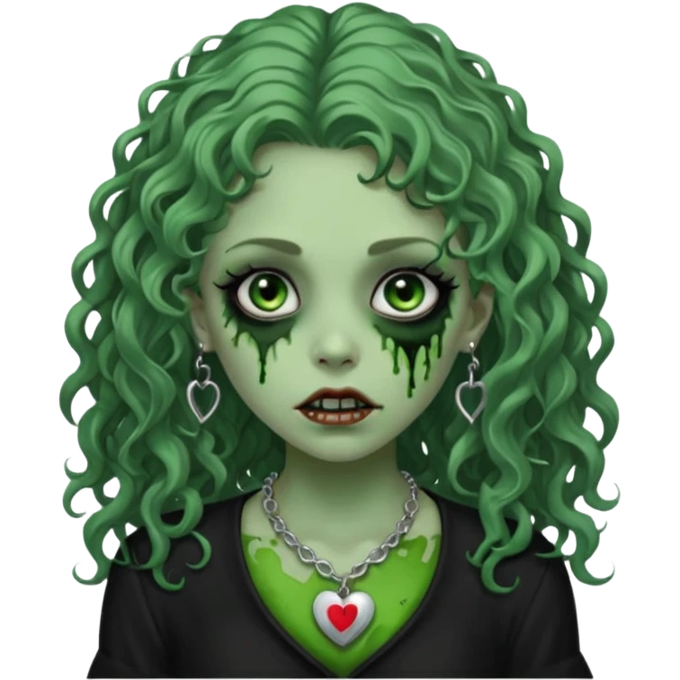 a green zombie girl with a scar on her face, long curly hair, wearing a black blouse and a silver necklace with a heart pendant downcast eyes and eyeliner emoji