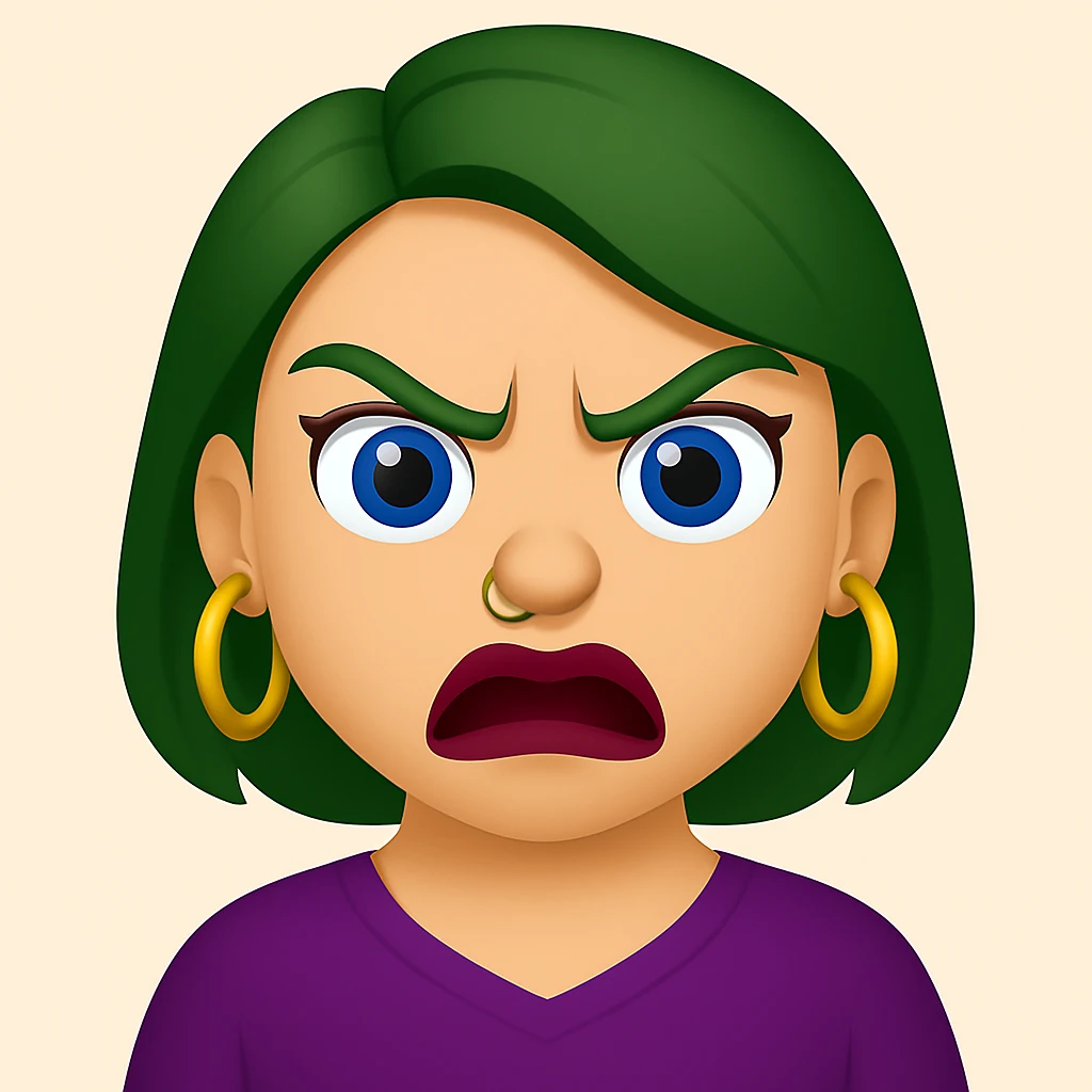Create an emoji style image of a girl with green hair and an angry expression. She has blue eyes, lipstick blended with dark red and purple, gold hoop earrings, and a nose ring. emoji