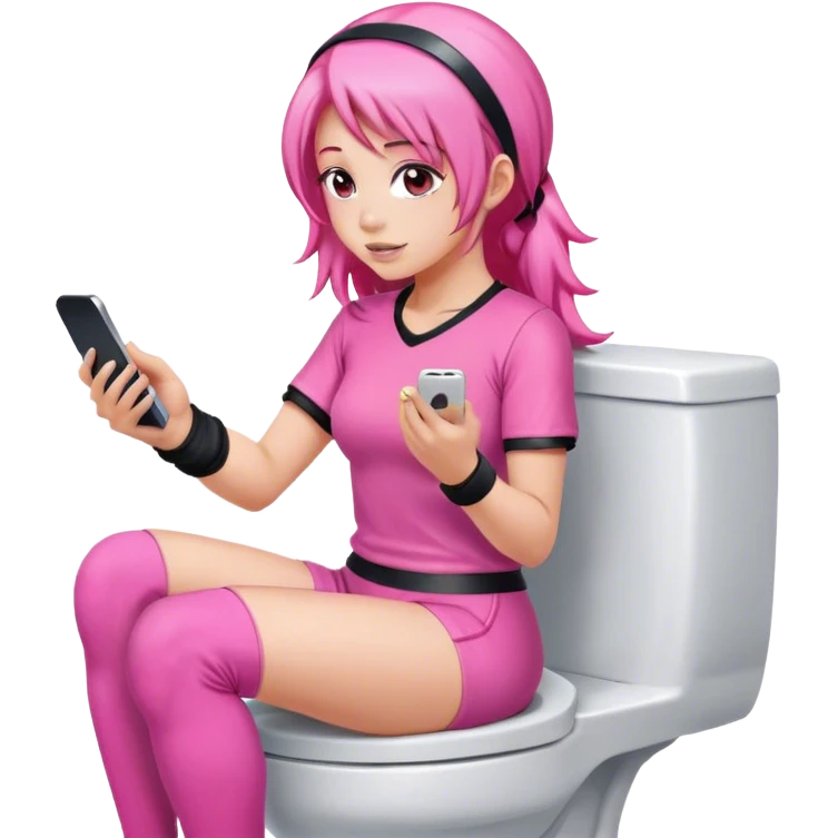Long Pink haired female Jockey sat on the toilet with her mobile phone  emoji