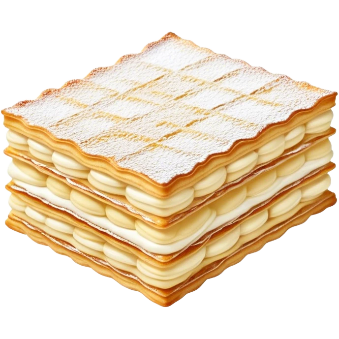 Cinematic delicate mille-feuille, thin crispy pastry layers filled with smooth vanilla cream, dusted with powdered sugar, elegant presentation, highly detailed and sophisticated. emoji