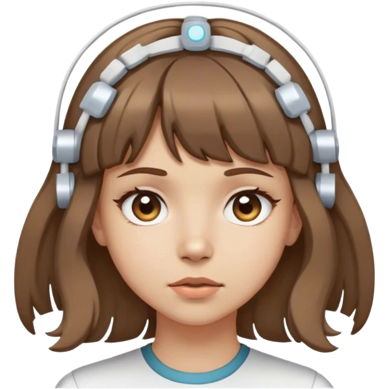 girl with light skin tone wavy brown hair and bangs wearing electrodes on her head crossed eyes emoji