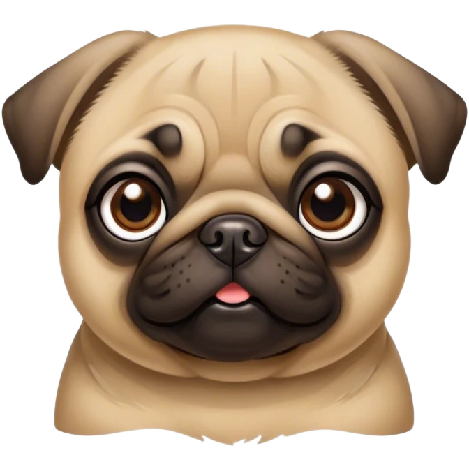 Cinematic Cute Fawn Pug Portrait Emoji, Head tilted playfully and inquisitively, featuring a smooth fawn coat with a subtle sheen, round, sparkling dark eyes filled with curiosity, Simplified yet irresistibly adorable features, highly detailed, glowing with a warm, friendly glow, high shine, affectionate and lively, stylized with a touch of whimsy, bright and endearing, soft glowing outline, capturing the essence of a mischievous yet loving pup, so playful it feels like it could bounce out of the screen and into your arms! emoji