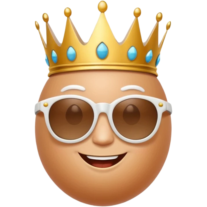a funny, proud cartoon-style egg character wearing sunglasses and a small crown, solid orange background. emoji