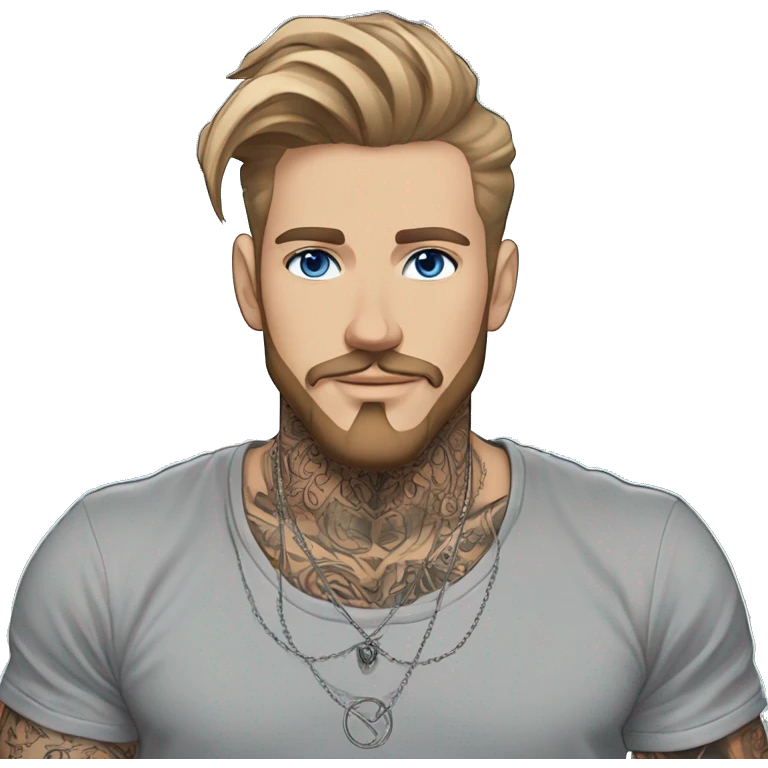 Man with Light brown hair, neck tattoos, arm tattoos, mustache and beard, blue eyes, silver nose piercing hoop, black anime graphic tee emoji