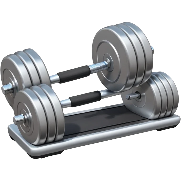Two heavy dumbbells side by side on the floor in front of a treadmill emoji