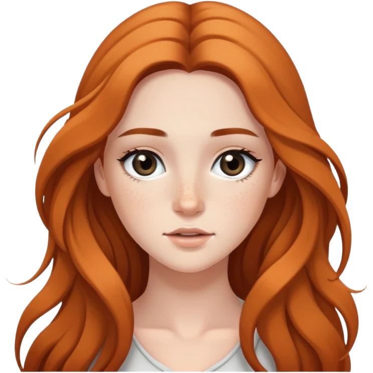 young woman with flowing long hair, dark black eyes, natural makeup, and cute freckles emoji