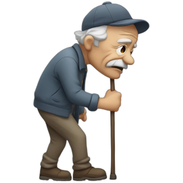 Old man leaning on a walking cane and holding his crancky back with his hand, grumpy face, detailed emoji