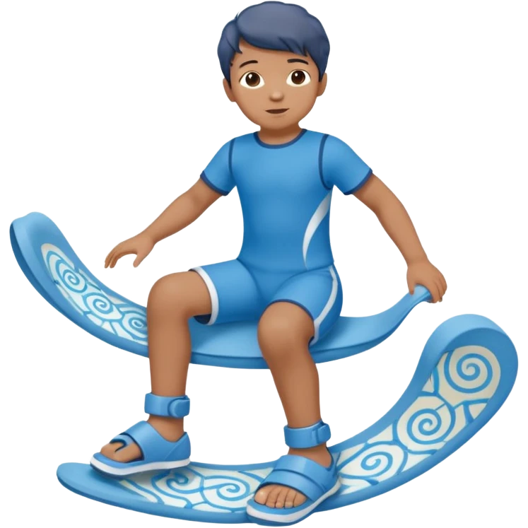 A little male child with a blue/beige outfit and  curled brown hair and shoes which are orthopedic ankle-foot orthosises (AFO) for a small child. The brace goes just below the knee and its with a bright blue water-like pattern with a spiral side design. emoji
