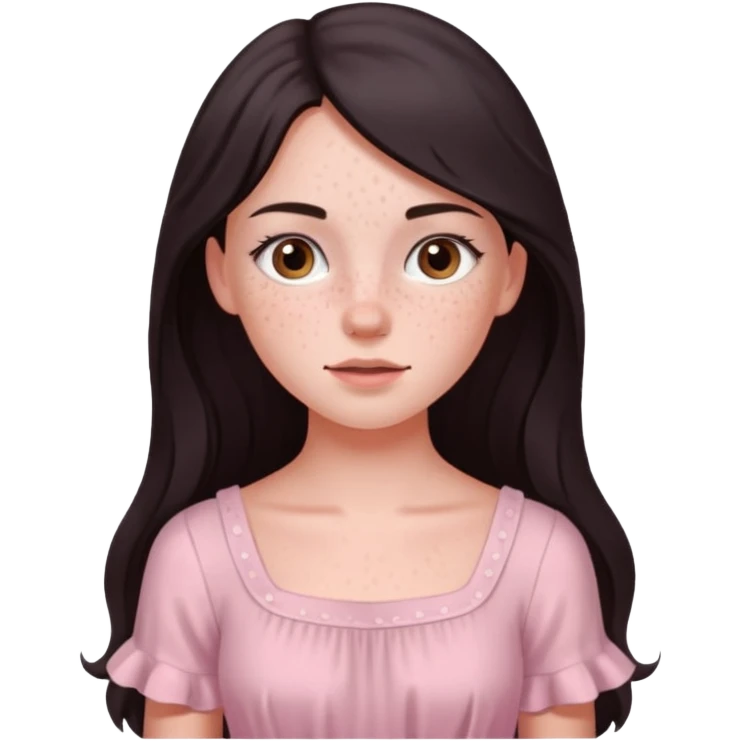 Девочка с длинными темными волосами и веснушками в нежно розовом emoji