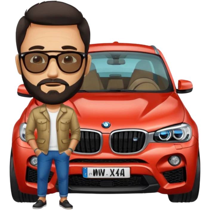 Mediterranean looking guy (beard and dark hair) on his 40's standing by his BMW X4M competition wearing rayban glasses  emoji
