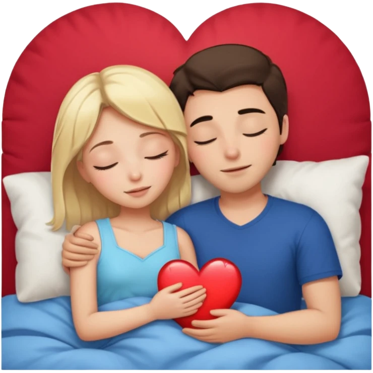cuddling in bed, asleep. blonde girl. brunette man. eyes closed. heart between them. emoji