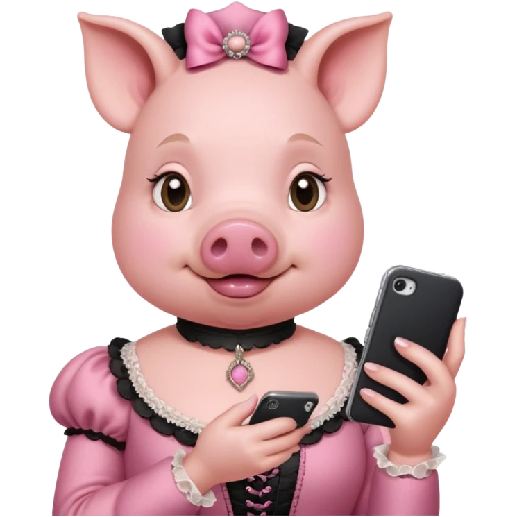 girl pig in victorian pink finery scrolling on a cell phone emoji