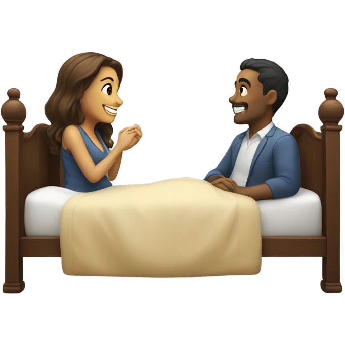 A man and a woman are lying on a bed, smiling and talking. emoji