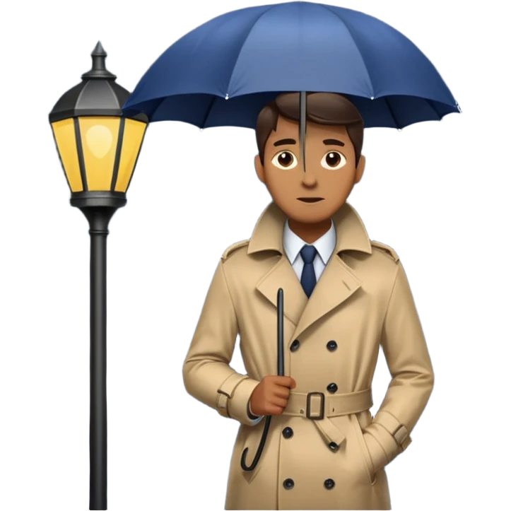 Man with umbrella + streetlight reflection, Midnight Wanderer. emoji