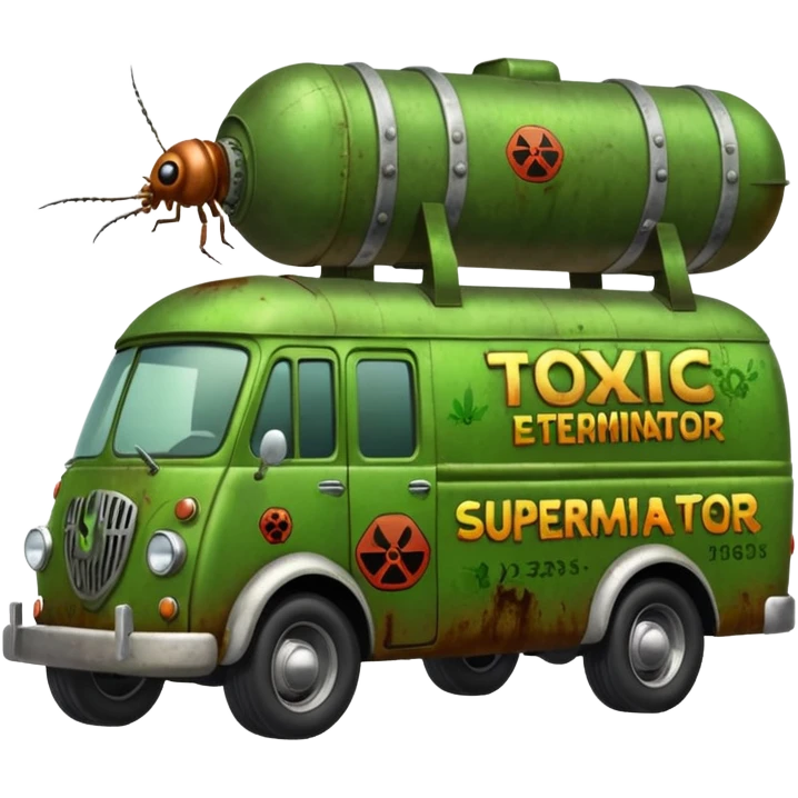 Heroic SuperBug Ron’s toxic-oozing exterminator superminator antique tall moving van (motto: Bombing creepy bugs is fun) emoji