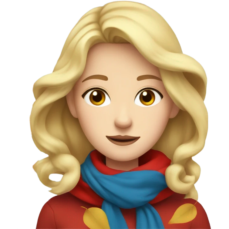 Blonde girl with blue eyes in red scarf with falling leaves  emoji
