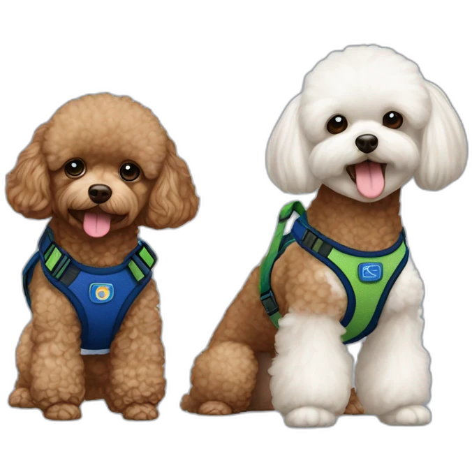 Brown toy poodle wearing dark blue harness and all white Maltese wearing green harness emoji