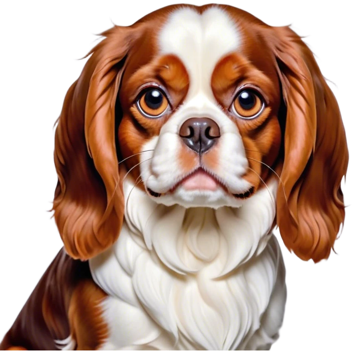 Cinematic Grumpy Blenheim Cavalier King Charles Spaniel Portrait Emoji, Head tilted slightly with a deeply unimpressed expression, thick Blenheim coat with pronounced chestnut and white markings, large, droopy brown eyes narrowed into an unamused glare, ears slightly drooping in exasperation, Simplified yet comically expressive features, highly detailed, glowing with a dry, sarcastic glow, high shine, effortlessly judgmental yet dignified, stylized with a touch of cynicism, bright but brooding, soft glowing outline, capturing the essence of an eternally unimpressed yet endearing companion, so lifelike it feels like it could sigh heavily at you in disdain at any moment! emoji