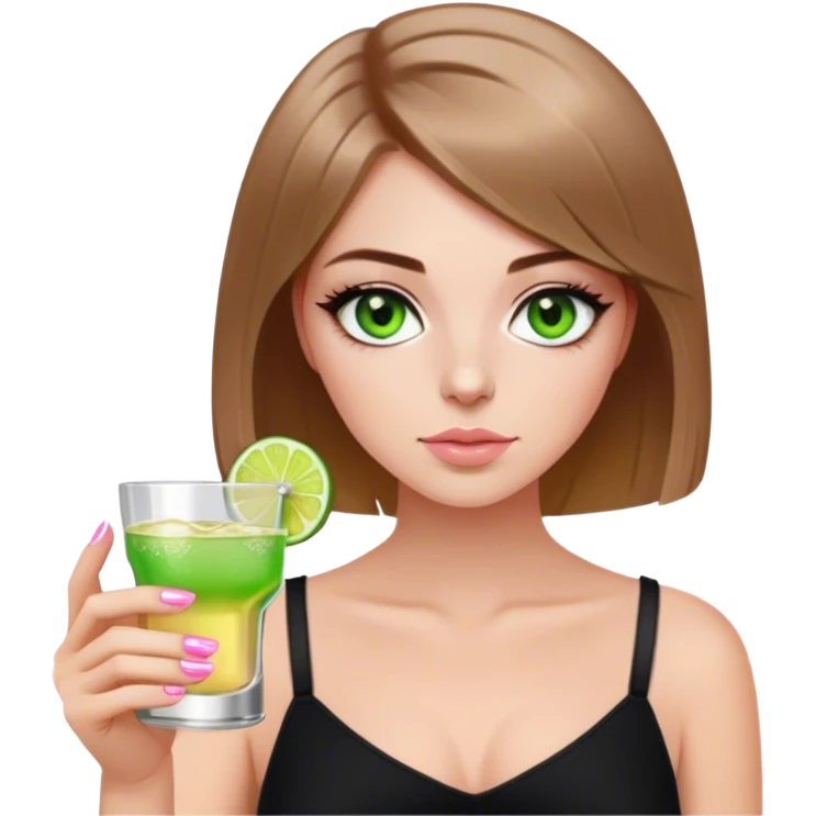 green eyes light brown hair white girl with short bob no bangs with a shot of tequila wearing black light pink nails emoji