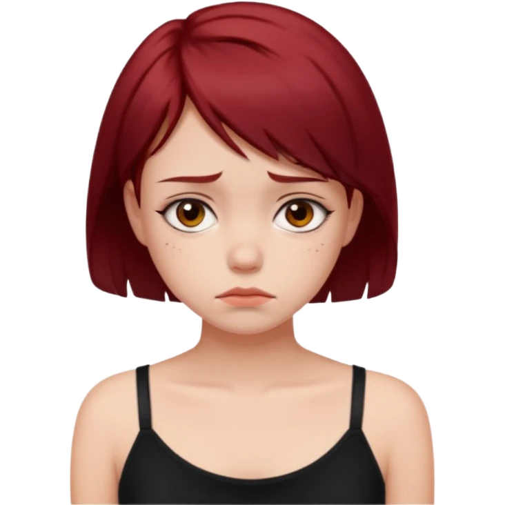 generate a pretty fair bratz girl with short dark red hair looking sad . Wearing a black cami emoji