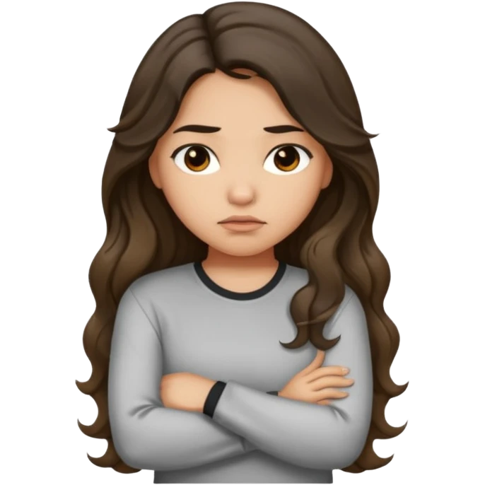 Hispanic light tan girl with long dark wavy hair with arms folded and pouting. Wearing a long sleeve. Hair with middle part. emoji