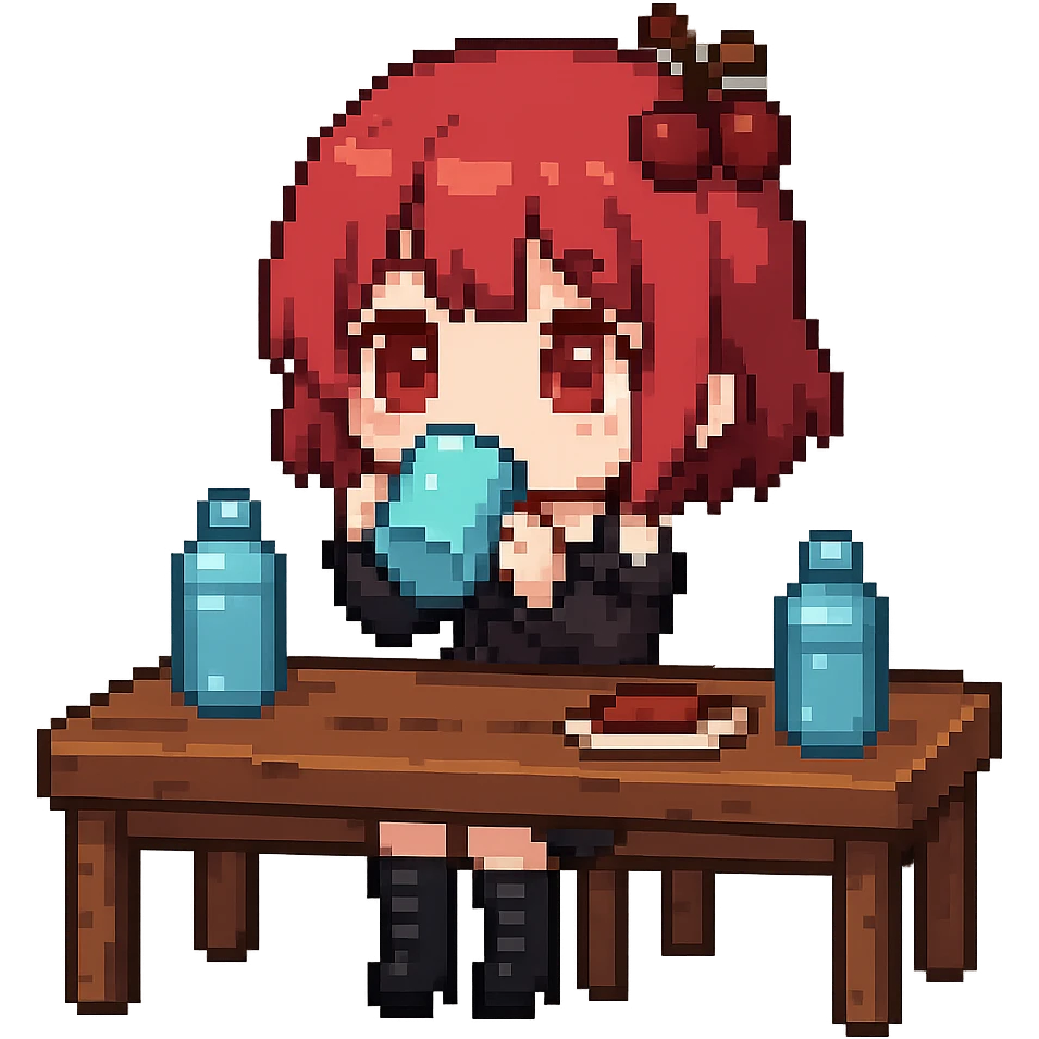 Make the character more chibi with red cherry hair instead of red curly hair, keep the goth style, and depict her drinking water. The style should be pixel art with no background. emoji