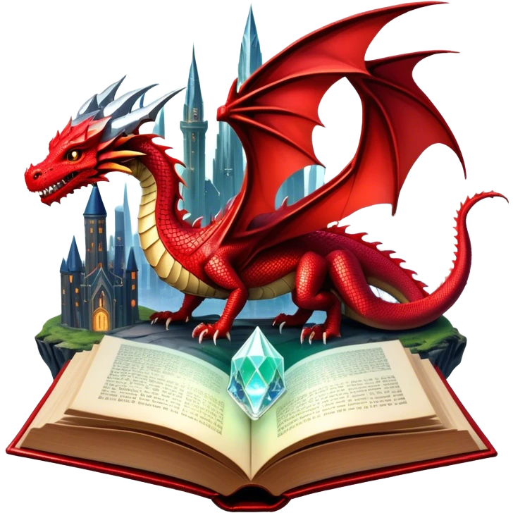 Icon for Fantasy and Science Fiction: a magical book with glowing pages, surrounded by a dragon, a spaceship, a wizard’s staff and a futuristic cityscape. The icon should capture the adventure, magic, and imagination of fantasy and sci-fi worlds. Transparent background. emoji