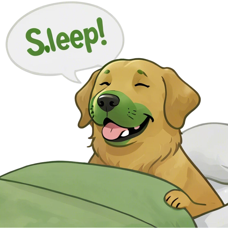 Golden retriever with speech bubble saying sleep well emoji