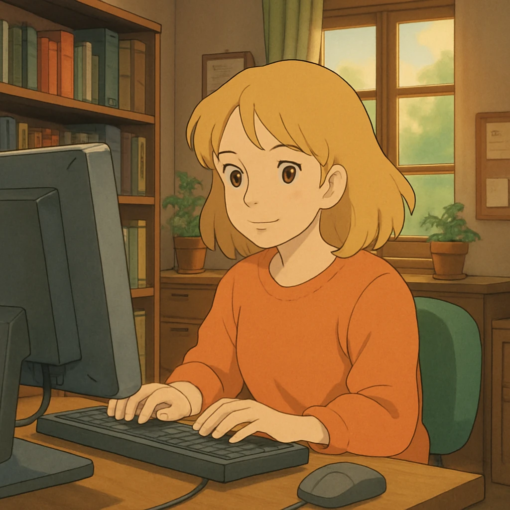 brown-eyed blonde young woman working on a computer in a cozy office emoji