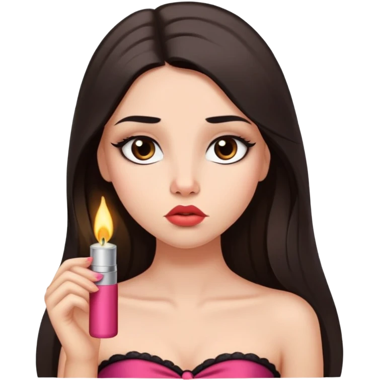 girl with lighter skin, dark brown long straight hair, pouty shiny lips without cupid's bow, large eyes, lighter button nose, long oval-shaped face, wearing a bandeau top emoji