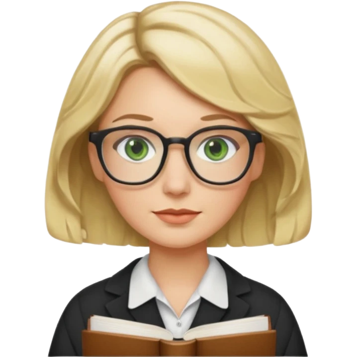 librarian teacher with short wavy blonde hair with a middle part and green eyes emoji