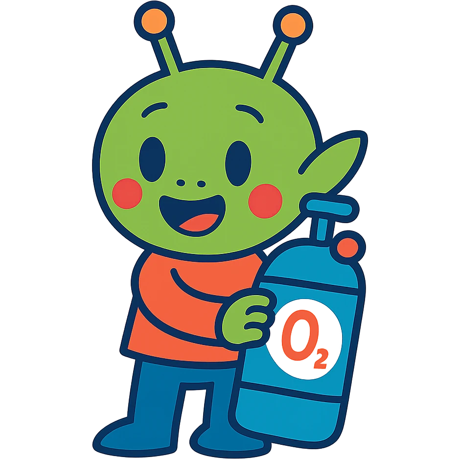 smiling alien character holding an oxygen tank, cartoon style, simple background, cheerful vibe emoji