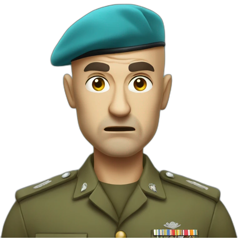 cyan beret bald angry 50 years old man no hair furious very angry frown with khaki idf uniform emoji