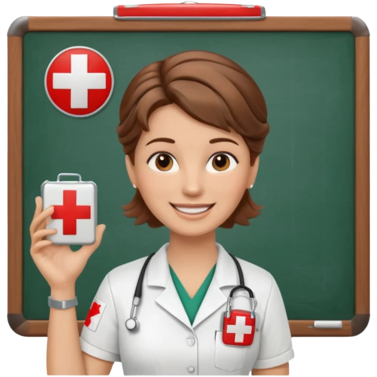 happy teacher with white board brown hair updo, first aid shirt emoji