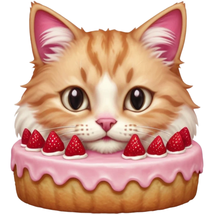 Close-up portrait of a fluffy cat eating a strawberry cake, pink cream on its nose and whiskers, detailed fur texture, soft natural light, shallow depth of field, high resolution, cute and candid moment
 emoji