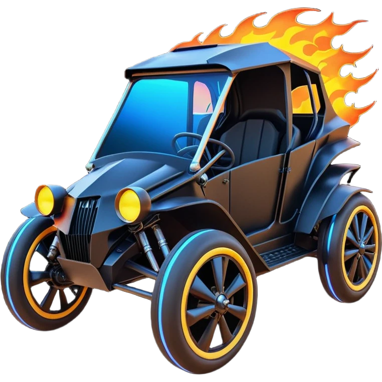 Mad max survival apocalypse ghostly sporty Darth Vader’s Batman-armored 1886 black graphite colored school buggy with horizontal holographic flames painted on the side and neon under glow  emoji
