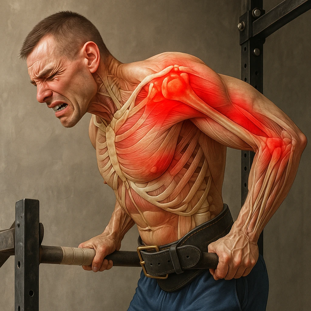 Hyperrealistic 4K anatomical illustration of a man performing a dip on parallel bars in a lateral position as in the reference image. Expression of shoulder discomfort and pain. Highlight muscles and bones of the shoulder with red areas indicating pain. Realistic anatomical details, gym atmosphere. Variant 1. emoji