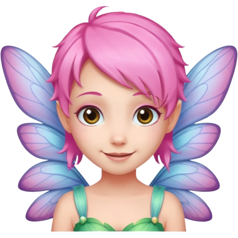 A tiny pastel fairy with pink  hair with glowing wings and a sweet smile  emoji