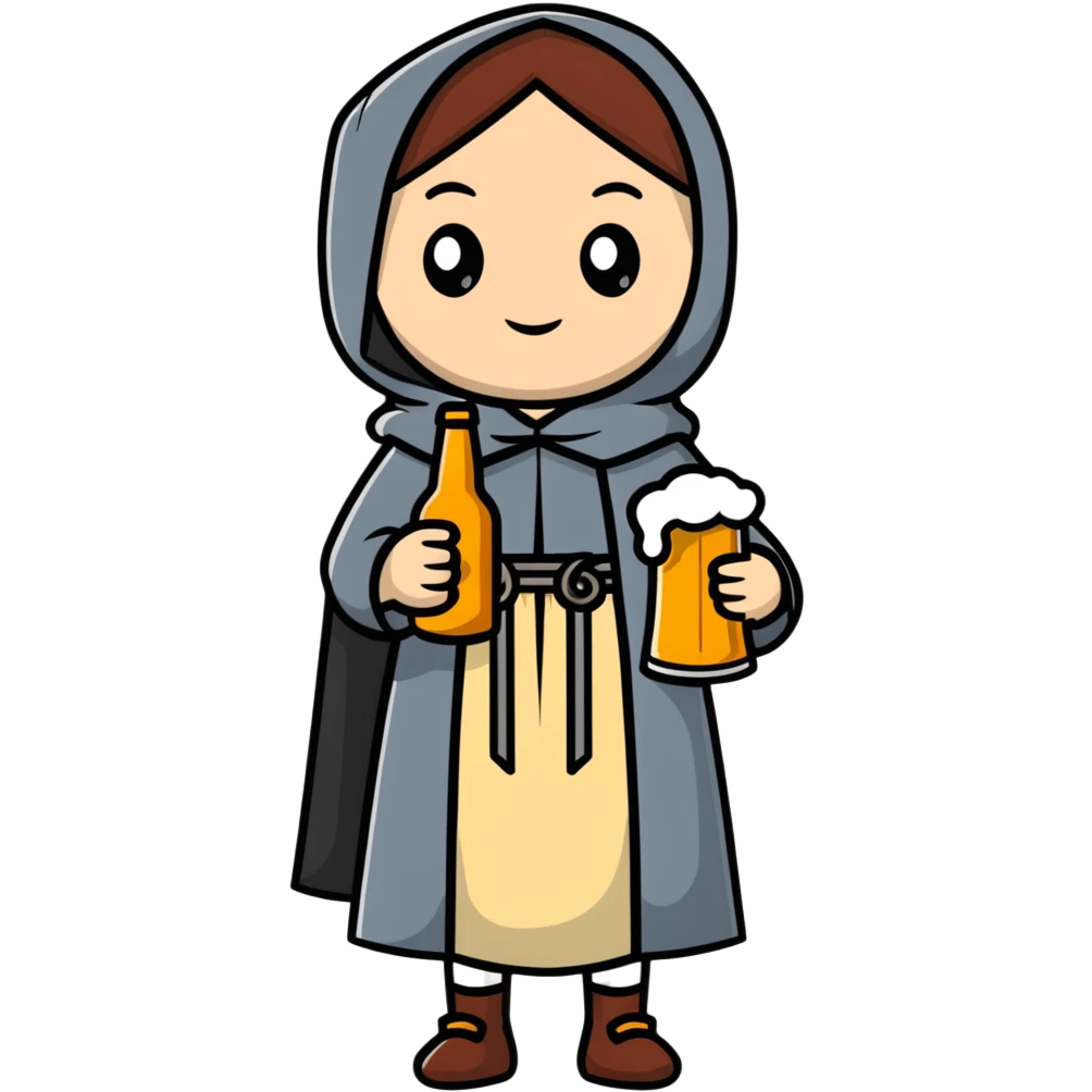 young female medieval pilgrim with cloak and beer bottle emoji
